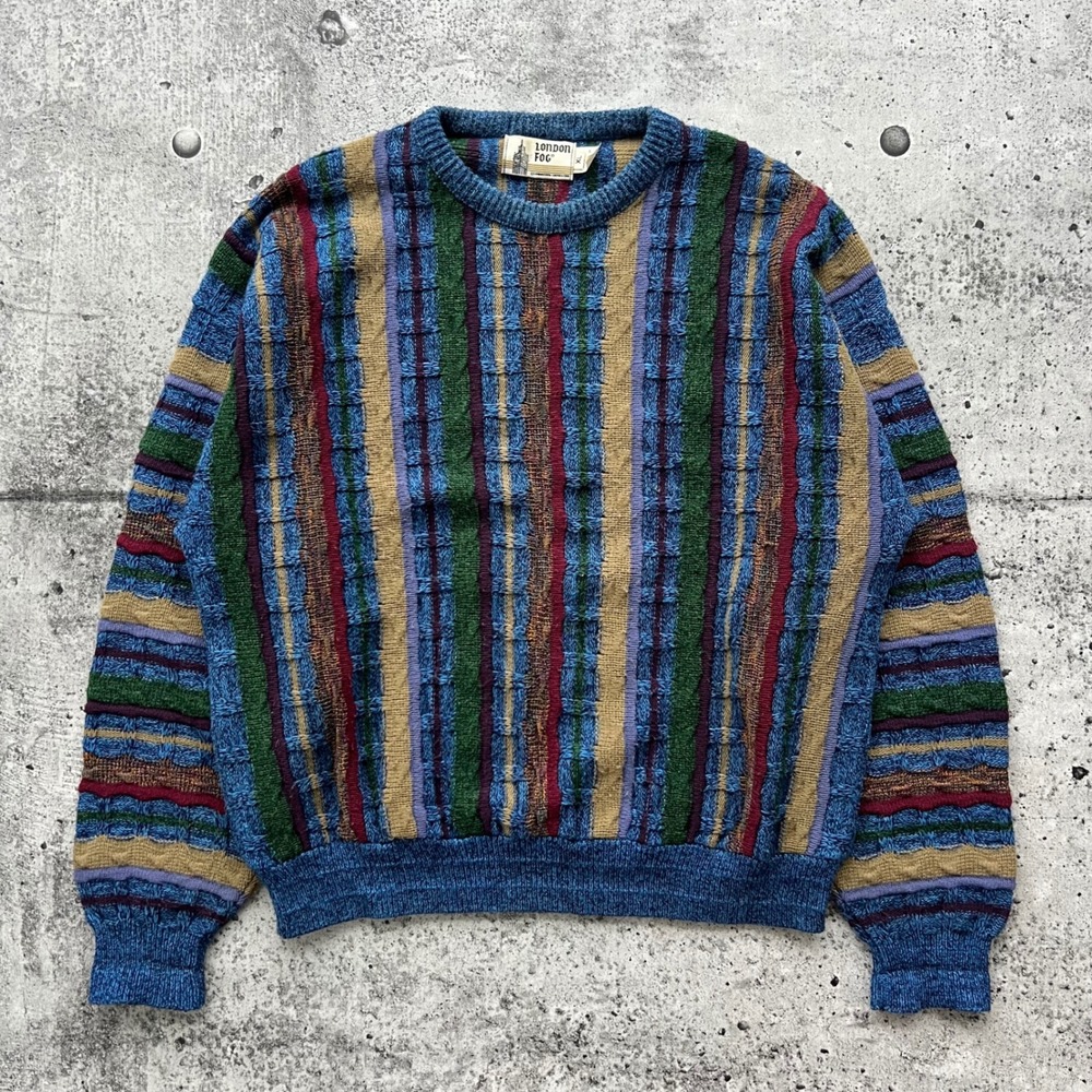 Vintage London Fog Sweater Mens XL Blue Multi Color 3D Textured Stripe Knit USA